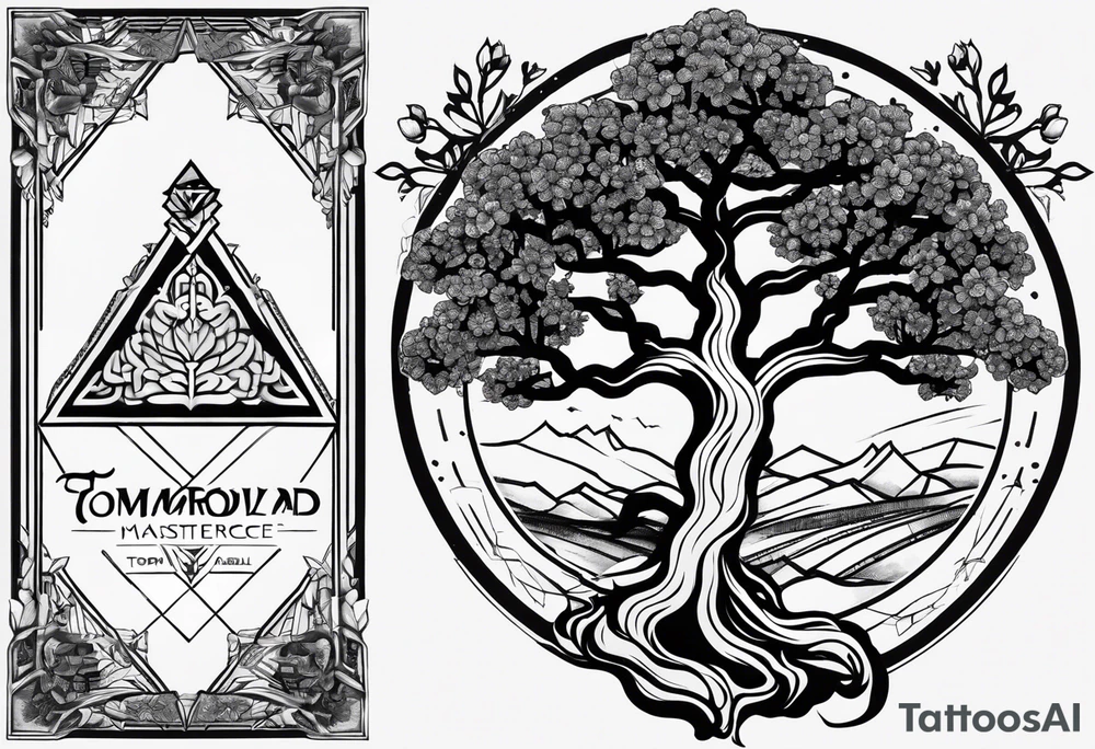 yggdrasil, five or six cherry tree flower on the upper left, the logo of tommorowland, and on the background a geometrical shape tattoo idea