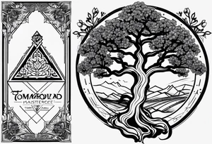 yggdrasil, five or six cherry tree flower on the upper left, the logo of tommorowland, and on the background a geometrical shape tattoo idea