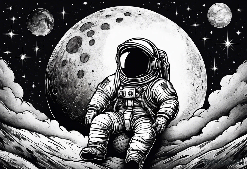 Baby Astronaut sitting on the moon reaching for the stars tattoo idea