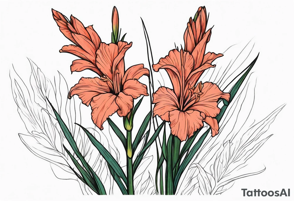 a narrow coral-colored gladiolus tattoo idea