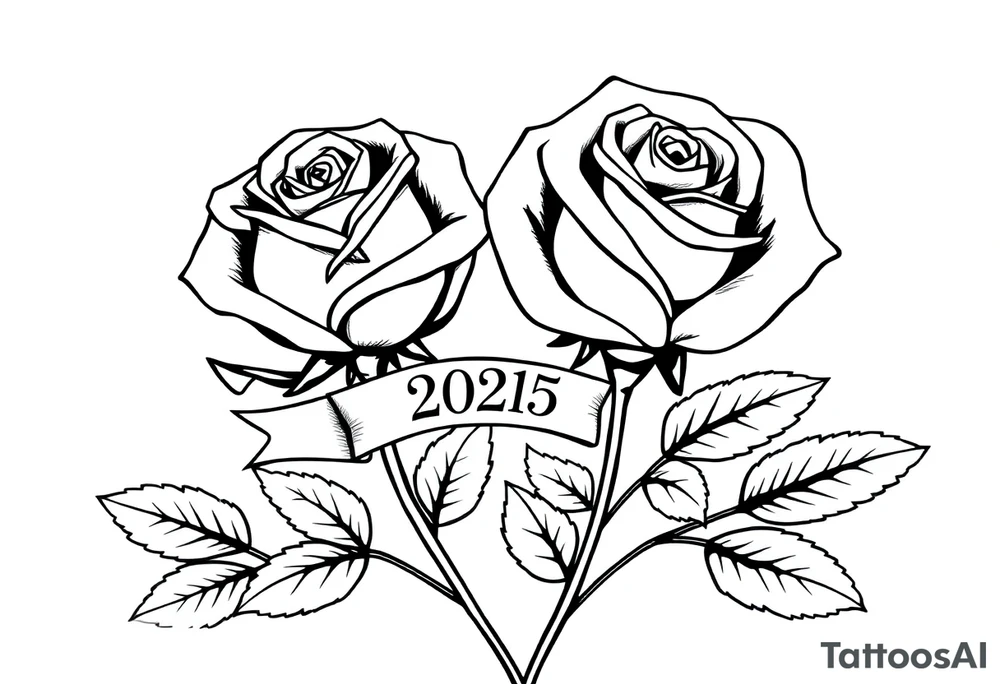 two beautiful large rose buds, one larger than the other, with many leaves next to the rose buds, with one sitting higher than the other. Include a banner connecting the two roses with the year "2025" on it.   Use dark outlines with little shading. The two stems should be short, not long, and connect and join into one stem, whimsically curved or twisted - not straight down. tattoo idea