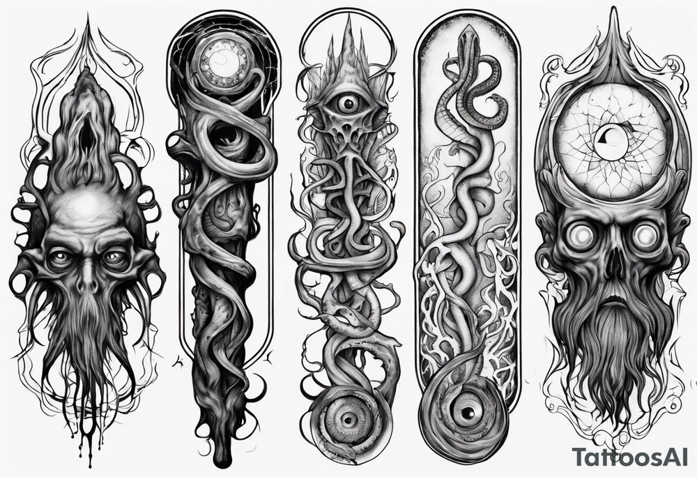 lovecraft long tattoo to put on the forearm, with eye and tentacle tattoo idea