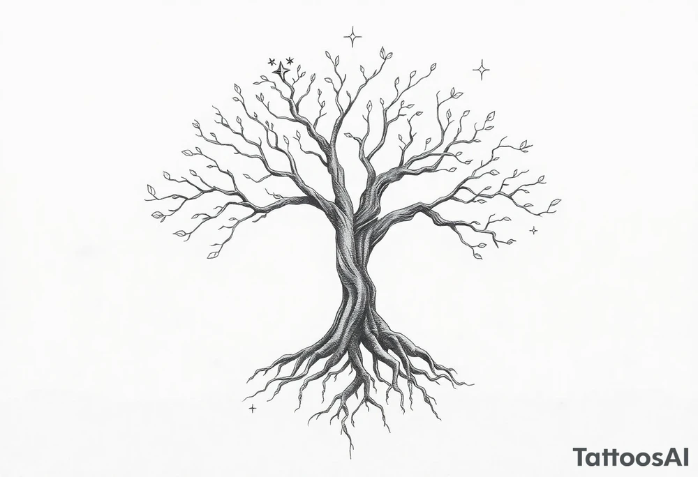 mystical tree of life with cosmic roots and celestial branches tattoo idea