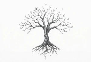 mystical tree of life with cosmic roots and celestial branches tattoo idea
