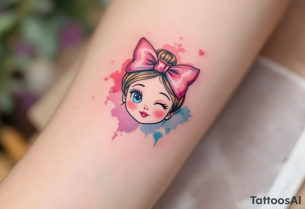 A delicate tattoo of Marie with her signature pink bow and a soft pastel watercolor background tattoo idea