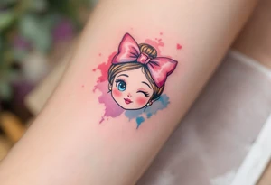 A delicate tattoo of Marie with her signature pink bow and a soft pastel watercolor background tattoo idea