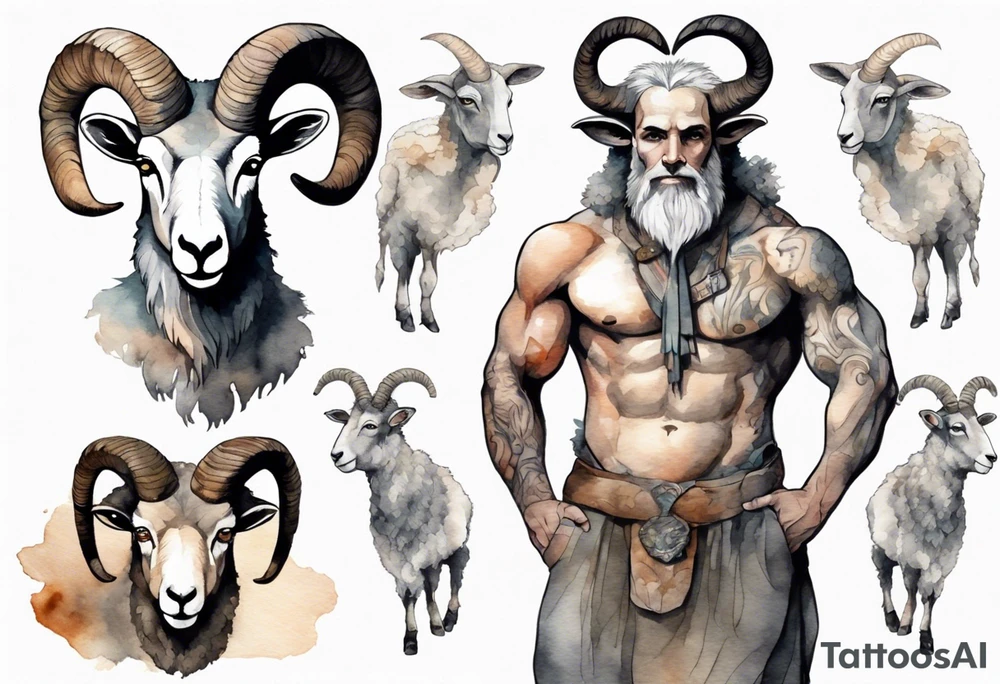 a solitary broad-shouldered man with the head of a big-horned sheep, wearing a grey tunic standing before a cave tattoo idea