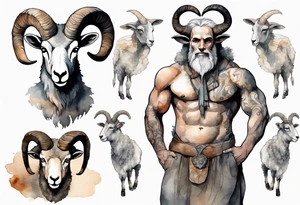a solitary broad-shouldered man with the head of a big-horned sheep, wearing a grey tunic standing before a cave tattoo idea