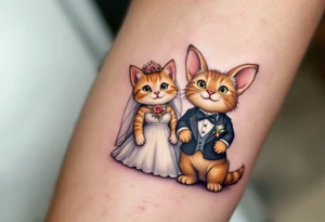 A playful cat, a loyal dog, and a tiny bunny dressed as a bride, groom, and wedding guest, standing side by side. tattoo idea