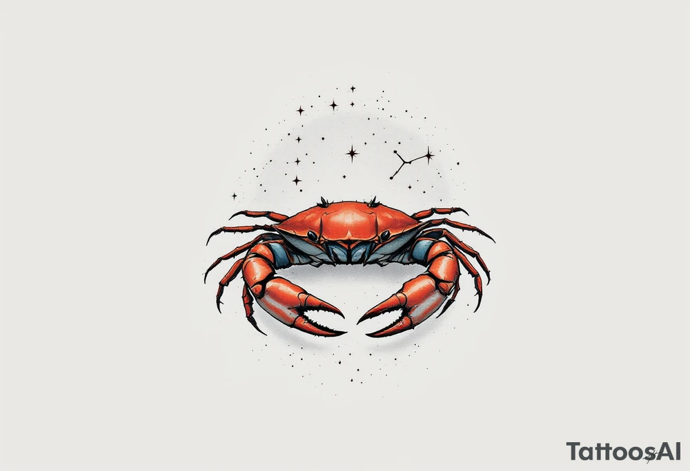 A realistic crab in rust red holds the Cancer star constellation in its claws against a cool gray background. tattoo idea