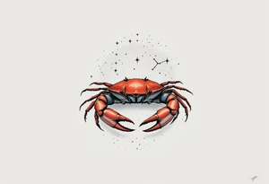 A realistic crab in rust red holds the Cancer star constellation in its claws against a cool gray background. tattoo idea