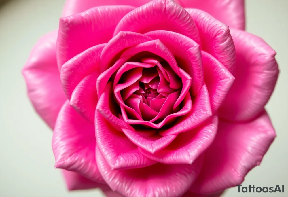 The pink rose appears as if viewed through a mesmerizing kaleidoscope, with its delicate petals radiating outward in a perfectly symmetrical, fractal-like pattern. Shades of soft blush and vibrant magenta blend seamlessly, creating a hypnotic, almost surreal visual effect that draws the eye deeper into its intricate layers. The petals seem to fold and reflect infinitely, forming geometric shapes that shift and transform, giving the rose an ethereal, dreamlike quality. tattoo idea