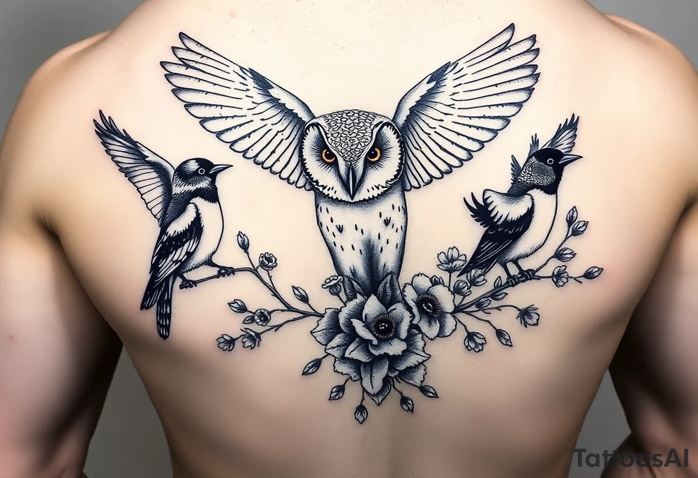 A british barn owl and 2 magpies, entwined by rowan tree berries and florals. In fineline and dotwork. The owl should be in flight. thigh tattoo tattoo idea
