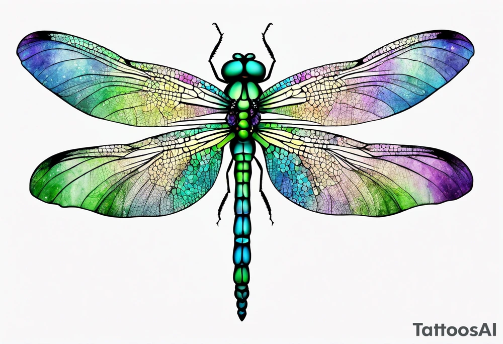 Purple green blue dragonfly, watercolors, minimalistic tattoo idea