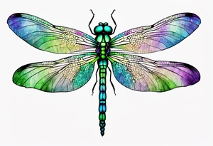 Purple green blue dragonfly, watercolors, minimalistic tattoo idea