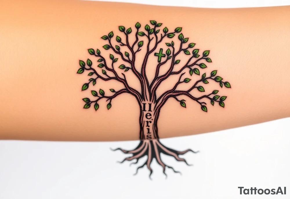 Tree of life. 
Start at your elbow: the trunk begins there—thick, about half an inch wide at the base, bark textured with short, vertical lines so it looks real. It climbs straight up your outer bicep, narrowing just a touch as it goes.
Halfway up—right where your arm bends—two main branches split off. One curves forward toward your shoulder, thinning out into three delicate fingers, each ending in a tiny leaf. The other swings back toward your tricep, shorter, just two leaves—like it’s reaching but not grabbing.
Above that? Nothing. Just your skin, open sky. No birds, no cross—just breathing room.
Now the roots: from the elbow, they fork down like veins. One thick root spirals clockwise around the inside of your forearm—starts fat, then thins—curls twice before disappearing under your wrist. The second root heads straight down the middle, splitting into three smaller ones that fan out like fingers.
Here’s where the words live:
•  “Christ” sits dead center on the thickest root—tall, blocky letters, maybe an old English feel, like carved wood.
•  “Faith” wraps the clockwise root, right where it curves—script font, slanted, flowing like a ribbon.
•  “Strength” on the straight-down root, bold and angular—almost like it’s punched into the bark.
•  “Integrity” on the first little split-off, smaller, tight—sharp edges.
•  “Loyalty” on the second split, looped and soft—like a vow.
•  “Respect” curls under “Loyalty,” half-hidden unless you twist your arm.
•  “Honesty” on the third split, straight and clean.
•  “Family” weaves between two roots—like it’s holding them together.
•  “Honor” sits lowest, near your wrist—grounded, solid.
•  “Help Meet” rides the outer edge of the clockwise root—tiny, intimate, almost whispered.
All black ink. No outlines—just fine lines and shading. Trunk gets a little cross-hatch for depth. Roots get shadow underneath so they look like they’re sinking into your skin. Words? Crisp, but not perfect—like they grew there.
When you flex, the roots shift, the words breathe. When you rest, they settle—like they’re waiting for you to remember them. tattoo idea