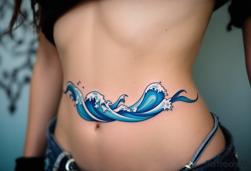 A vibrant cerulean wave curls with streaks of white foam along the ribs. tattoo idea