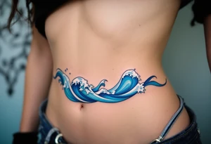 A vibrant cerulean wave curls with streaks of white foam along the ribs. tattoo idea
