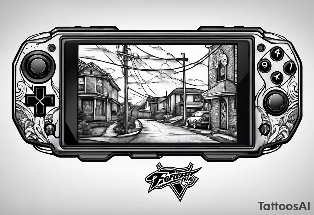 A forearm tattoo that includes a basketball hoop and a cross and a video game controller tattoo idea
