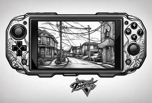 A forearm tattoo that includes a basketball hoop and a cross and a video game controller tattoo idea