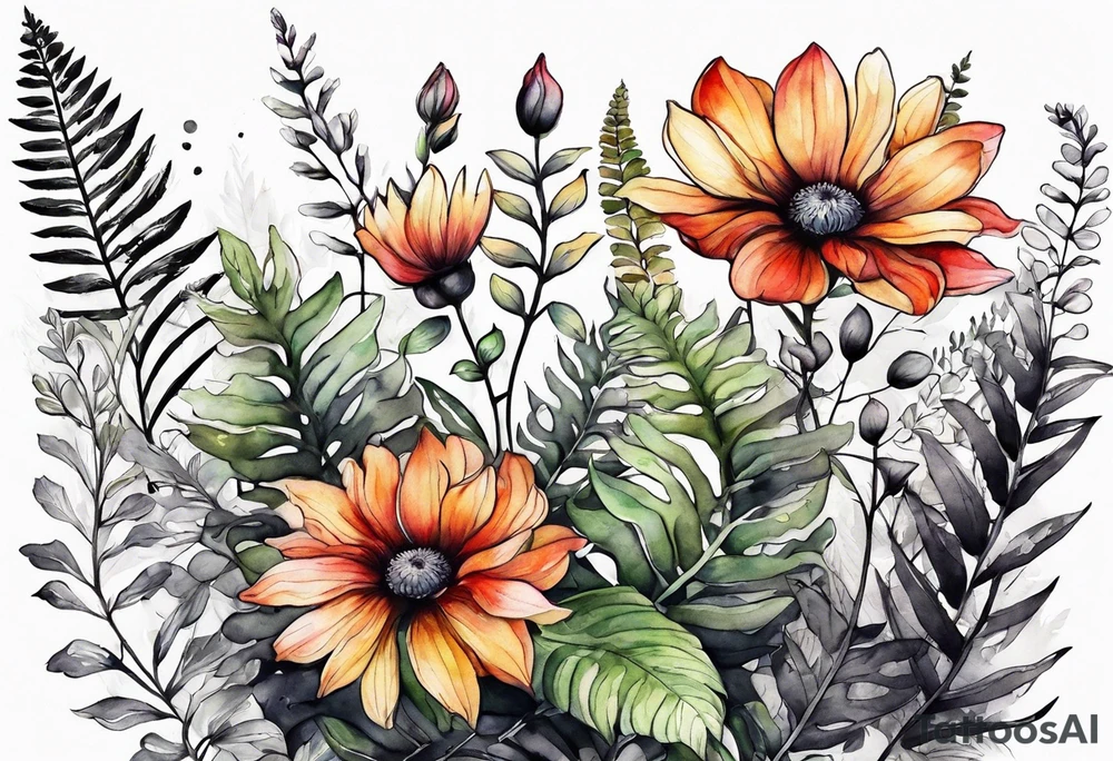 Three wild flowers with ferns all watercolor tattoo idea
