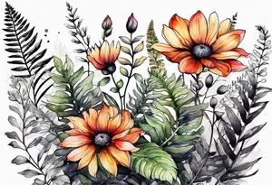 Three wild flowers with ferns all watercolor tattoo idea