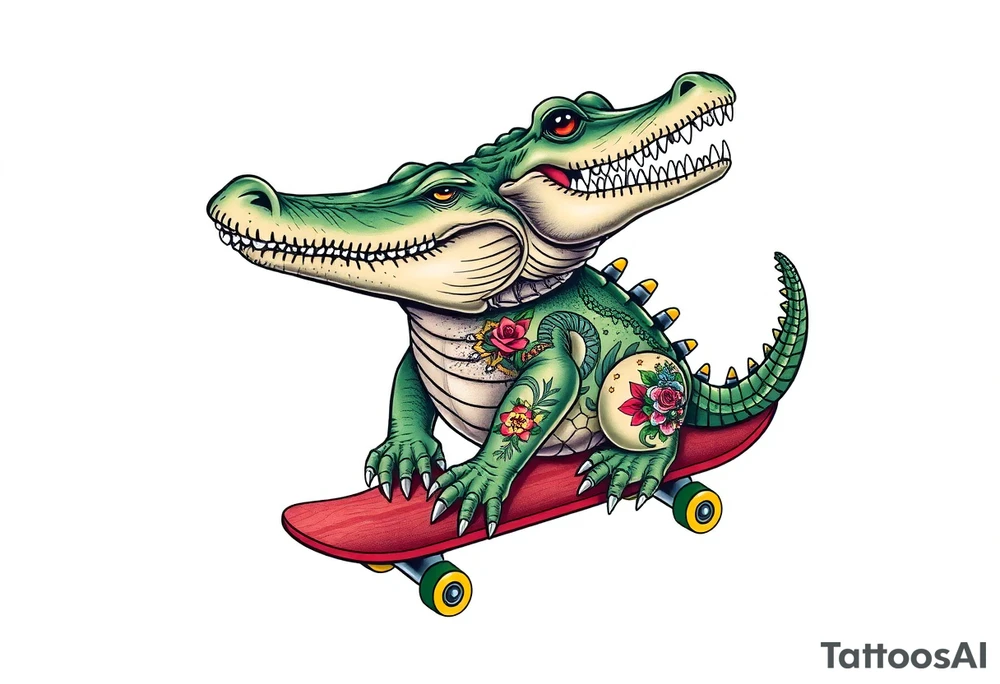 crocodile riding a skateboard with piercings and tattoos tattoo idea