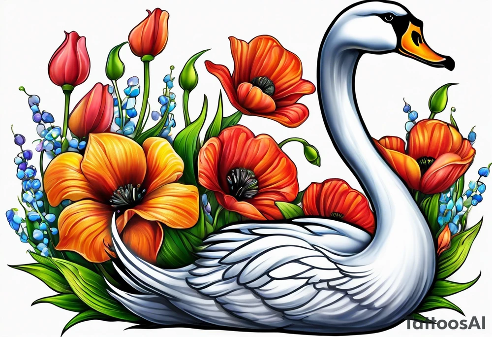Colorful swan tattoo with poppies, Lily of the valley, sweet pea flower, honeysuckle tattoo idea