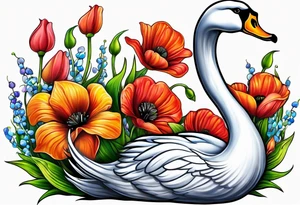 Colorful swan tattoo with poppies, Lily of the valley, sweet pea flower, honeysuckle tattoo idea