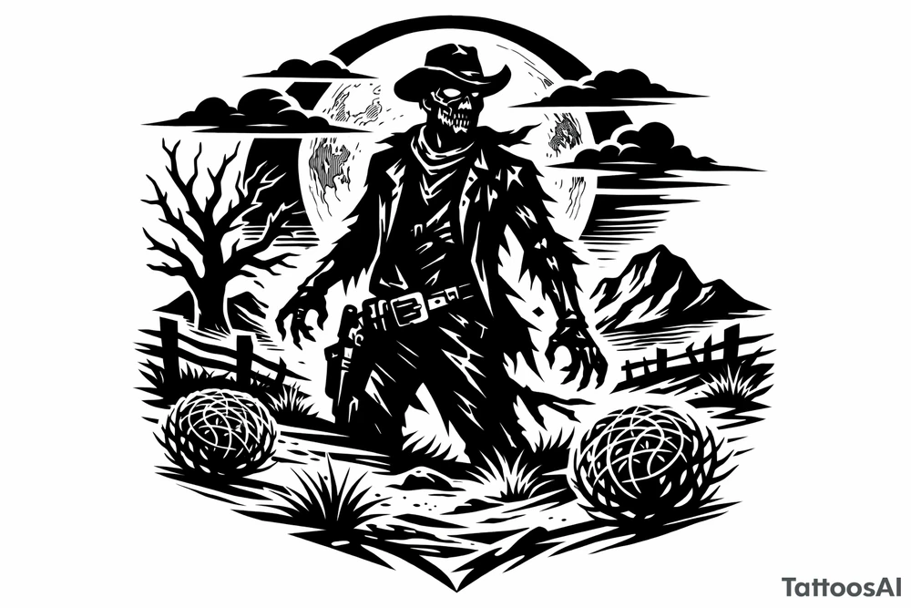 Zombie cowboy silhouette on a moonlit prairie, tumbleweeds rolling. tattoo idea