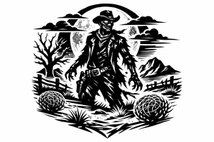 Zombie cowboy silhouette on a moonlit prairie, tumbleweeds rolling. tattoo idea