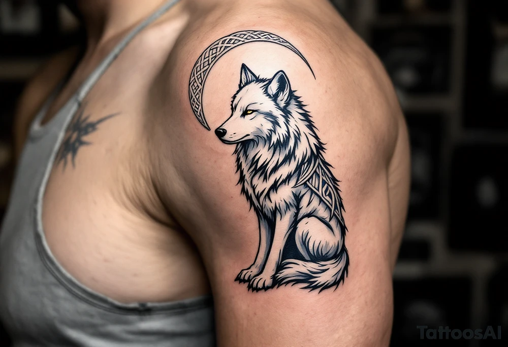 Lunar Wolf with Celtic Crescent – A white-furred wolf sitting under a Celtic-style silver crescent moon with knot details highlighted in blue-gray. tattoo idea