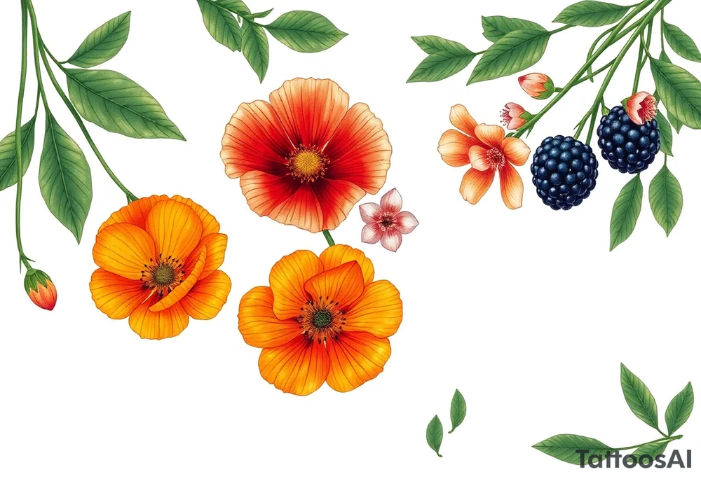 California wildflowers, poppies.  an actual orange fruit and orange blossoms. Blackberries plant/flower. tattoo idea