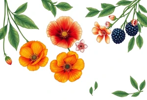 California wildflowers, poppies.  an actual orange fruit and orange blossoms. Blackberries plant/flower. tattoo idea