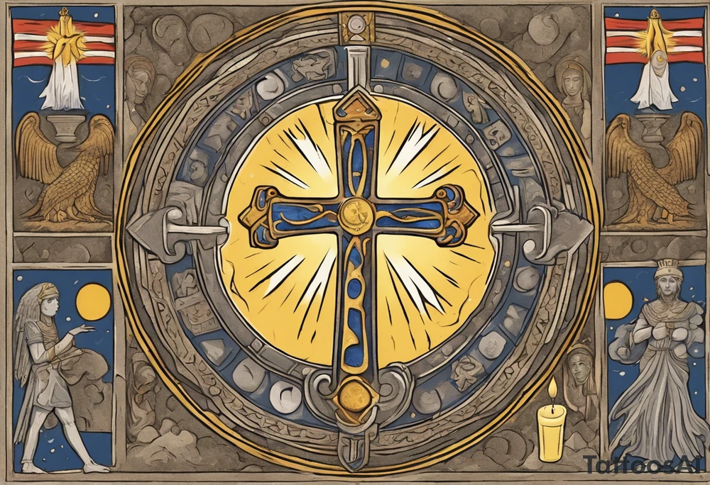 A medieval cross with an assyrian flag in the middle. A crown om top of the cross. The assyrian king Sennacherib. A sun and a moon. A cloud with rain and thunder. charizard. an imperfect cirkle. a candle. a swan. lemons. the god asshur with wings. an ankh. angel wings with a halo. surrounded by olive branches and feathers. all black and white. no shadowing. tattoo idea