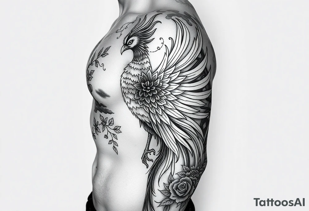 powerful majestic japanese phenix surrounded by floral ornaments tattoo idea