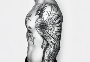 powerful majestic japanese phenix surrounded by floral ornaments tattoo idea