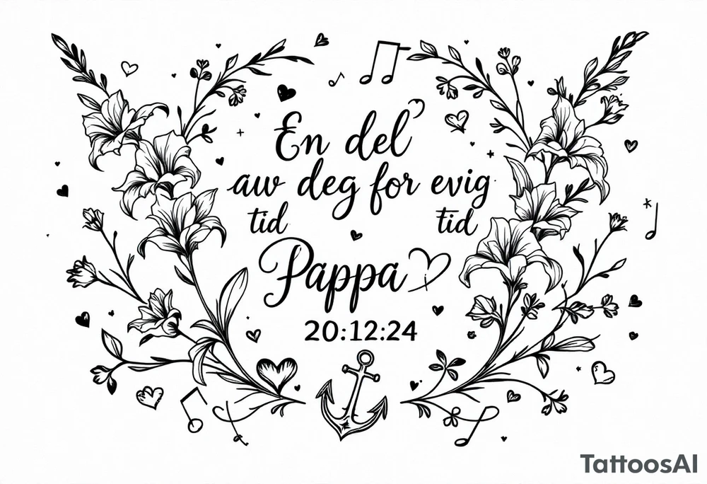 «En del av deg for evig tid
Pappa 20.12.24» Surrounded by long gladiolus, hearts, notes and an anchor tattoo idea