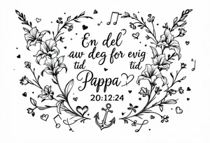 «En del av deg for evig tid
Pappa 20.12.24» Surrounded by long gladiolus, hearts, notes and an anchor tattoo idea