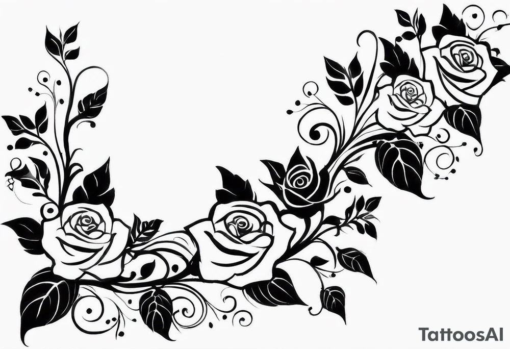 draw image of sleeve tattoo that has 65 small roses on a vine, they can be different sizes. It is long and narrow in design so it fits on an arm. The vine has some leaves and thorns but not too many. The roses will be a mix of small and medium size with some front on and others side on. the tattoo is for a male tattoo idea