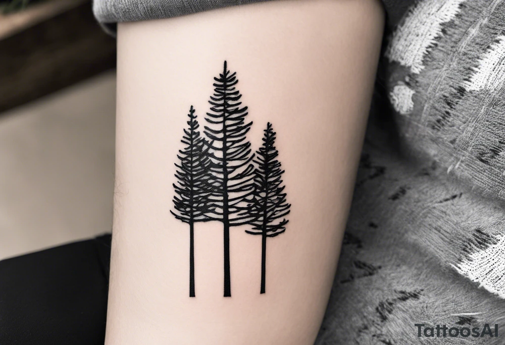 Tattoo with the words "see the forest for the trees" in any style font, around a tree in any way. black and white, tattoo, simple, elegant, pine tree, fine-line, easy to read tattoo idea