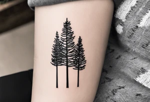 Tattoo with the words "see the forest for the trees" in any style font, around a tree in any way. black and white, tattoo, simple, elegant, pine tree, fine-line, easy to read tattoo idea