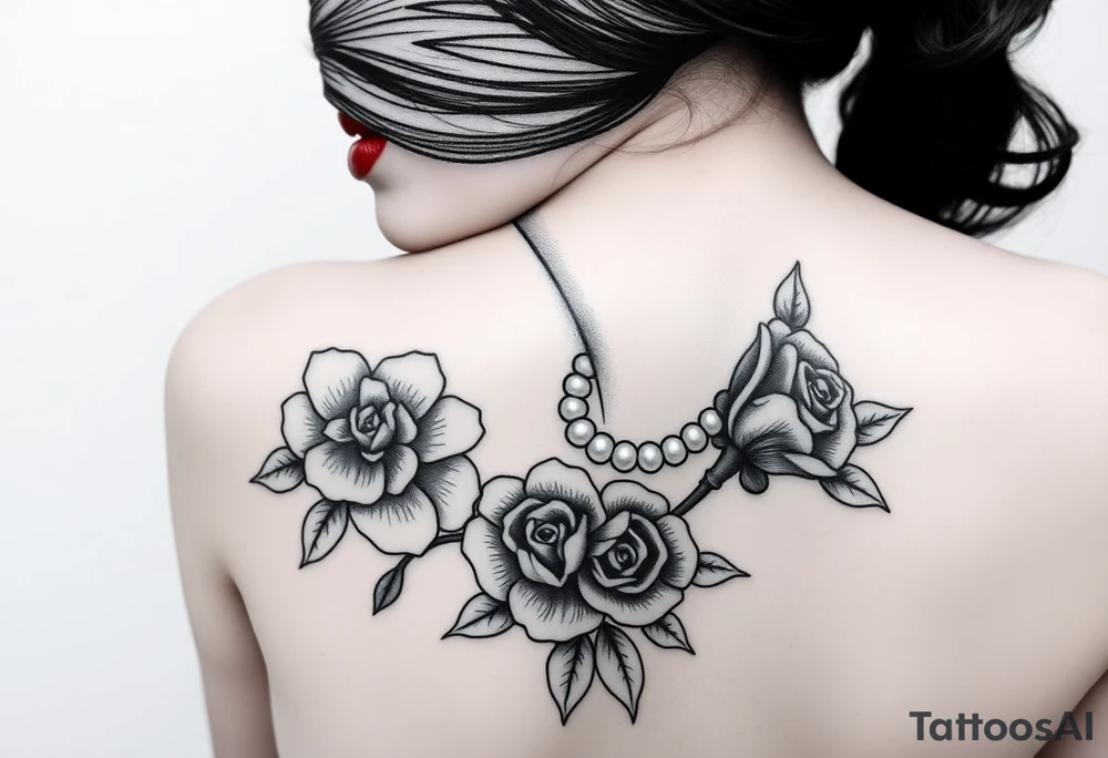 Black and white profile of woman with chin pressed on hand, hate with lace covering her eyes, pearl necklace in her mouth with red lips flowers around her with one red rose standing out thigh tattoo tattoo idea