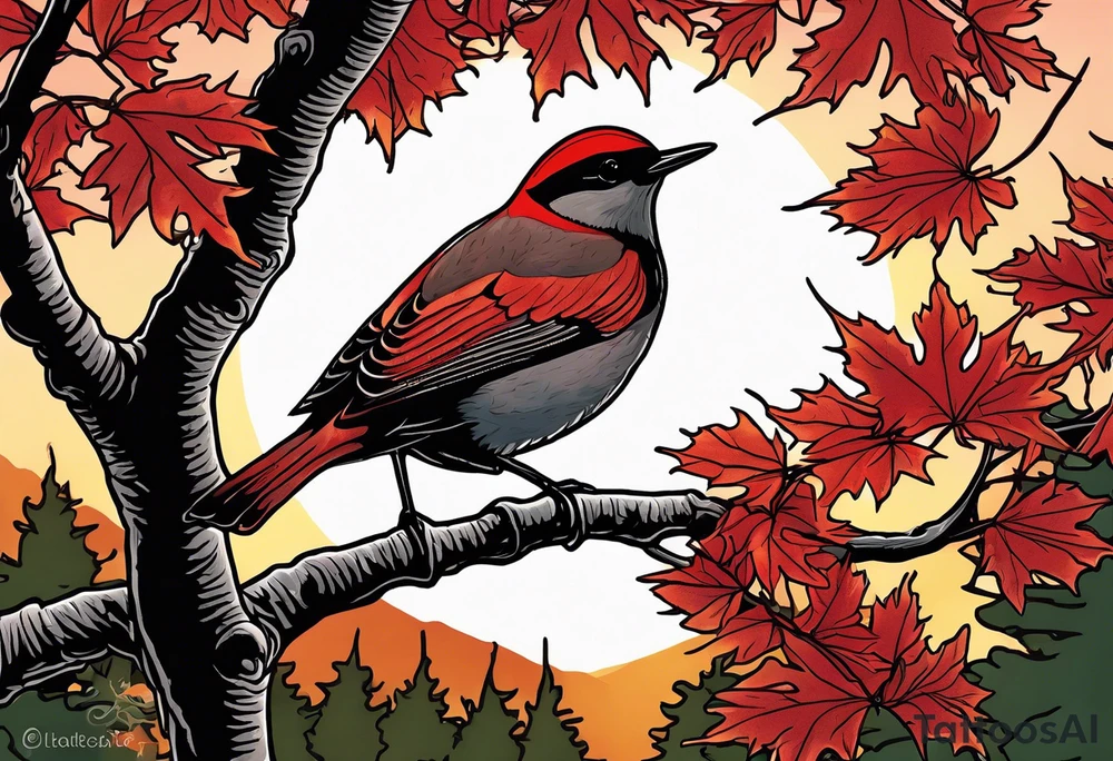 Hikae. A maple tree with red autumn leaves that branches upwards. White-throated dipper bird on the trees branches. Calluna flowers at the base of the trees stem. Tree stem has dark colors. Red/yellow sunset behind the trees stem. Leaves falling. tattoo idea