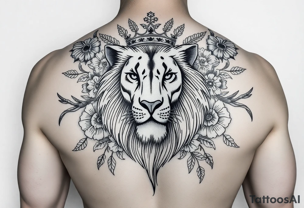 powerful majestic lion with a crown, surrounded by floral ornaments and birds tattoo idea