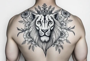 powerful majestic lion with a crown, surrounded by floral ornaments and birds tattoo idea