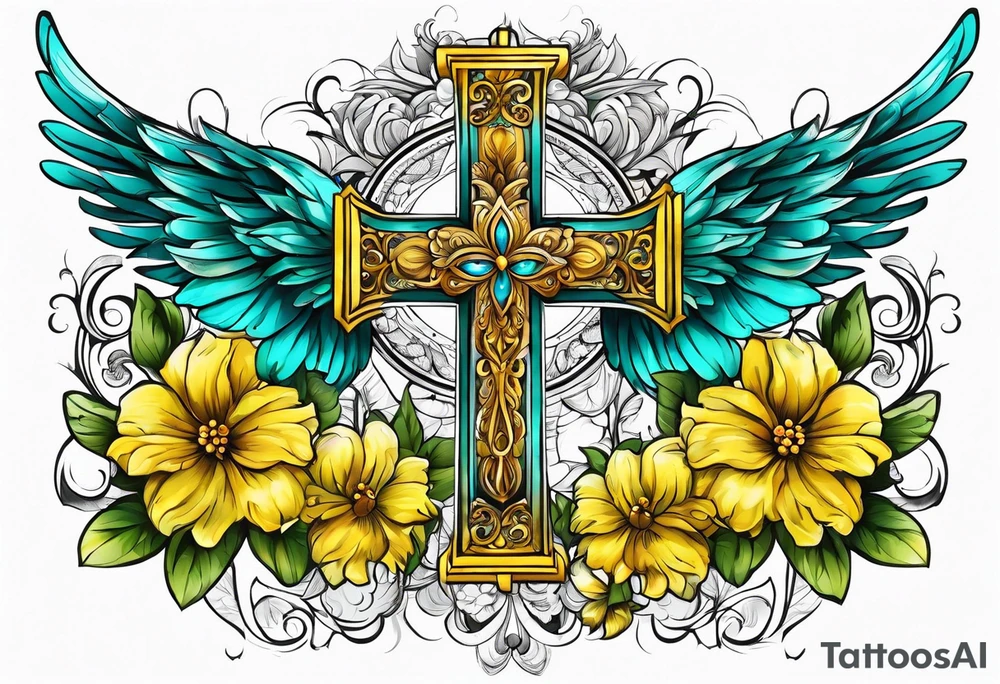 Winged cross surrounded by yellow and aqua flowers tattoo idea