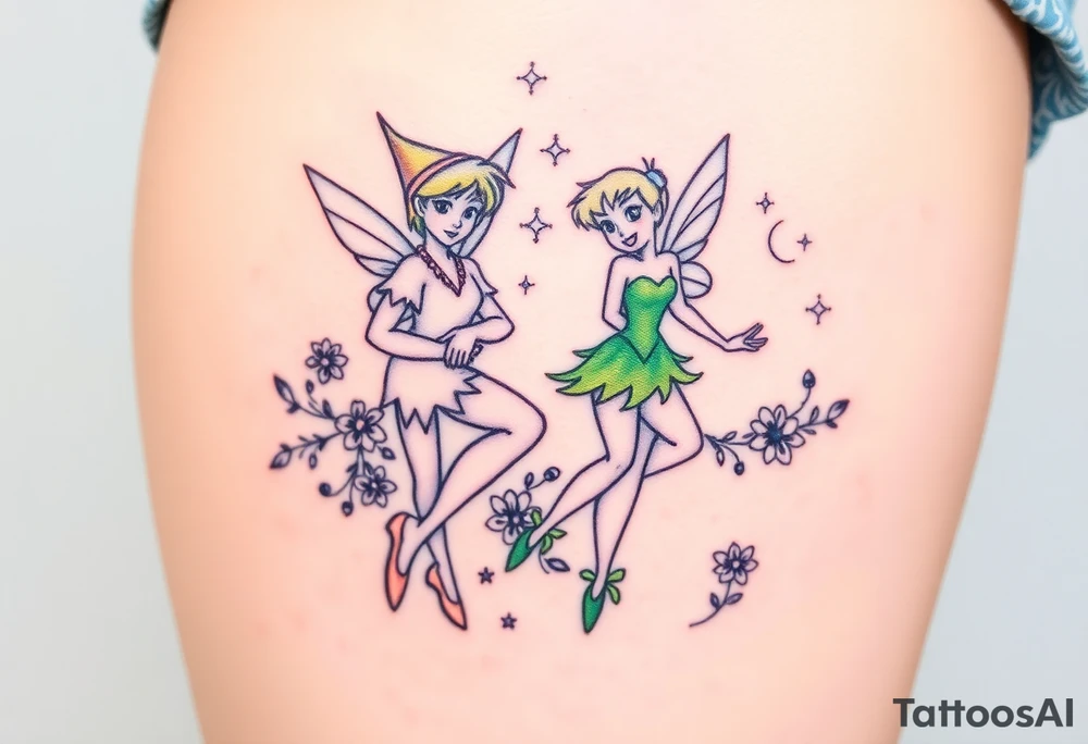 Peter pan, Tinker Bell and Wendy Darlin with flowers and stars tattoo idea