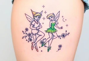 Peter pan, Tinker Bell and Wendy Darlin with flowers and stars tattoo idea