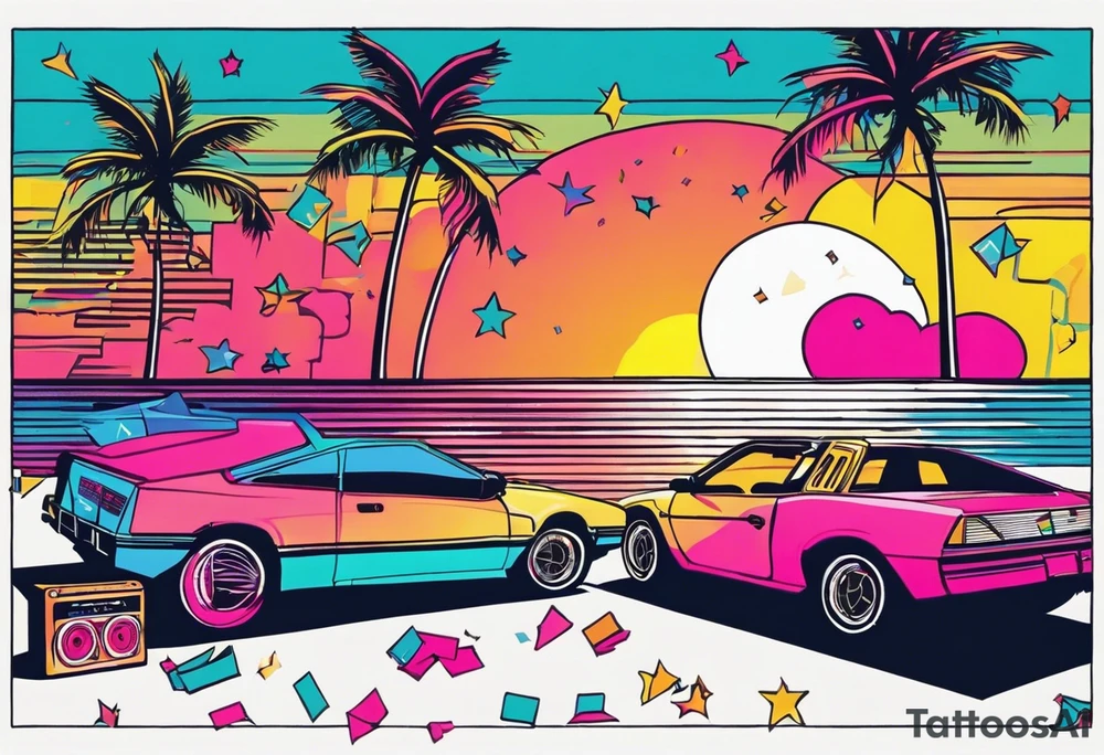 1980's miami vice style beach dance 
party, include confetti, music notes, boom box, bikinis sunset in the center tattoo idea